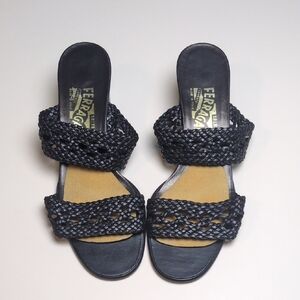 Rare Salvatore Ferragamo Black Braided Leather Slide Mules